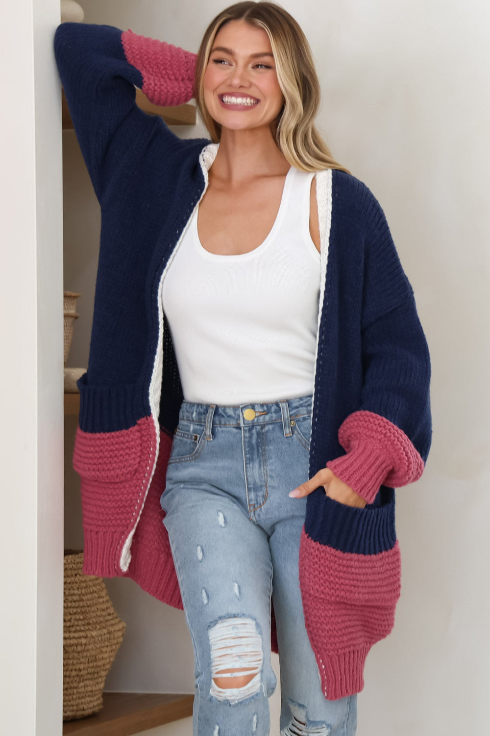 Bessie Cardigan - Colour Block Open Knit in Navy